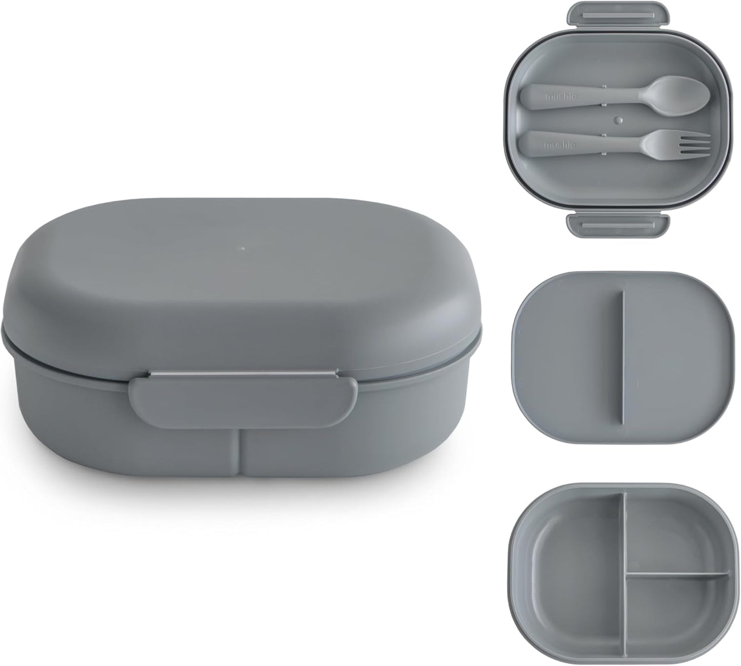 Mushie Lancheira | Lancheira Infantil para Jardim de Infância e Escola | Divisórias e Compartimentos com Tampas Traváveis | Inclui 1 conjunto de talheres (garfo e colher) | (Cinza)