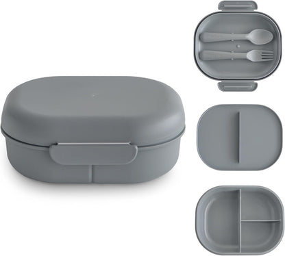 Mushie Lancheira | Lancheira Infantil para Jardim de Infância e Escola | Divisórias e Compartimentos com Tampas Traváveis | Inclui 1 conjunto de talheres (garfo e colher) | (Cinza)