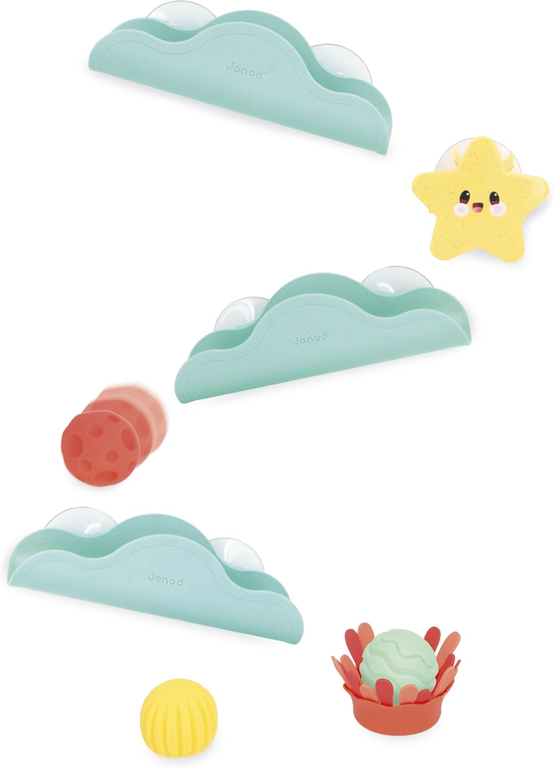 Janod - Circuito de Banho com Ventosa, Bolas e Elementos Giratórios - Brinquedo de Palha de Trigo - Coordenação Motora Fina - A partir de 12 meses - J04732