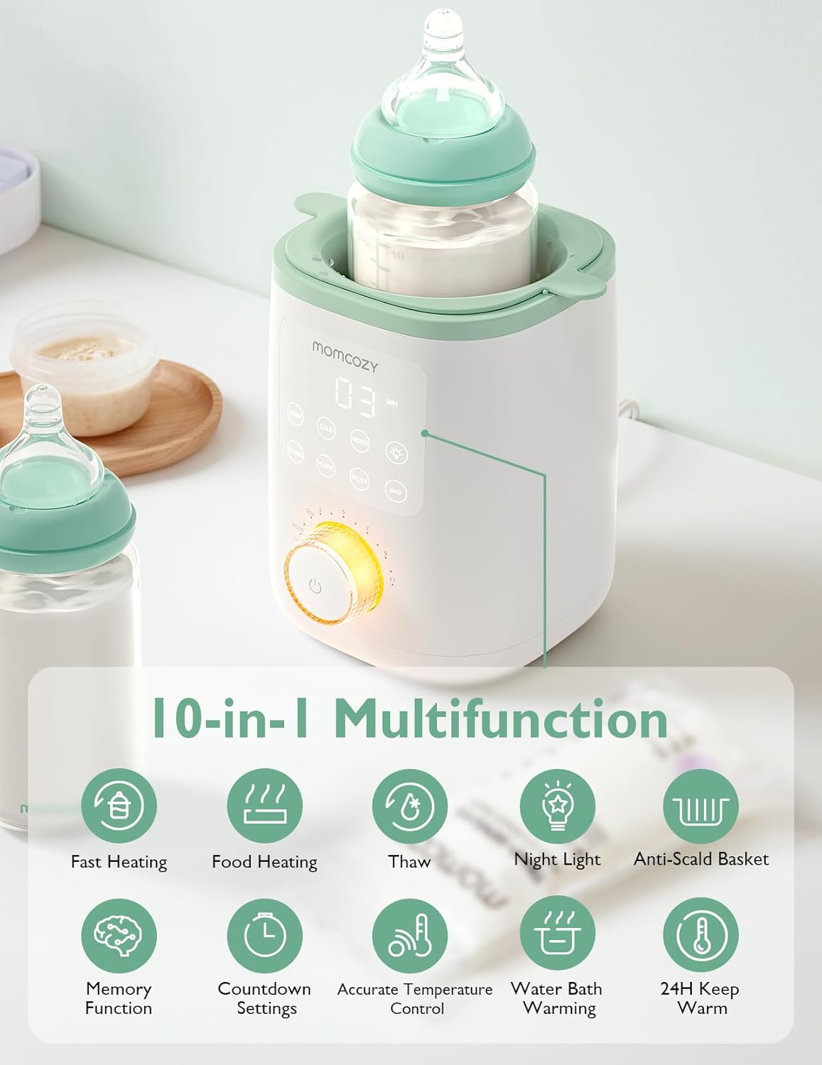 Momcozy Aquecedor de Mamadeiras para Leite Materno, Fórmula e Papinha, Aquecimento Rápido | Preservação Máxima de Nutrientes, Luz Noturna para Amamentação, Fácil de Usar com um Toque, Presente Essencial para Recém-nascidos e Mamães