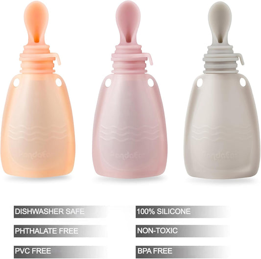 PandaEar Conjunto de 3 saquinhos de silicone reutilizáveis para papinha de bebê , com 3 colheres dosadoras de silicone para purê, livres de BPA, para armazenamento de alimentos para bebês, 156g (rosa escuro/rosa claro/linho)