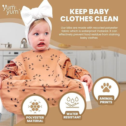 Yum Yum's Babador de silicone para desmame da Baby - Impermeável, fácil de limpar e confortável - Babador de manga comprida para bebês de 6 a 12 meses - Avental multifuncional para alimentação sem sujeira.