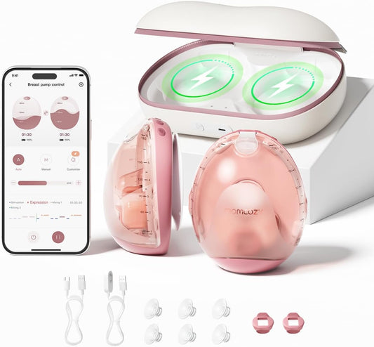 Momcozy Bomba tira-leite Air 1 Ultra-Slim, bomba vestível mãos-livres com estojo de carregamento sem fio e controle por aplicativo com modo automático e alerta de leite cheio.