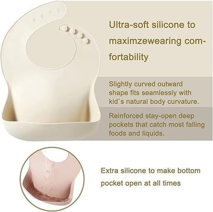 PandaEar Conjunto de 3 Babadores de Silicone para Bebês e Crianças | Babador Ajustável e Impermeável para Desmame, Livre de BPA, Macio e Durável, com Bolso Grande para Coletor de Alimentos