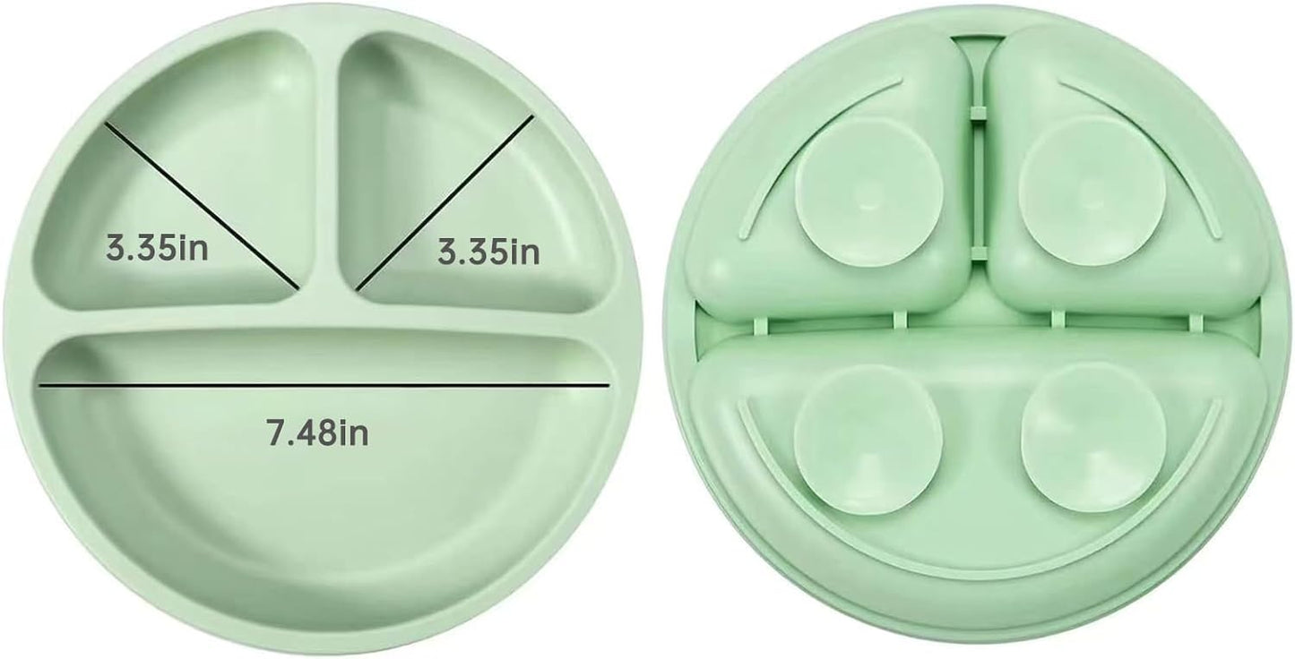 PandaEar Conjunto de alimentação para bebês em silicone | 2 pratos divididos com ventosas e 2 copinhos com 2 colheres e 2 garfos | Utensílios para alimentação independente para bebês (azul claro/verde claro)
