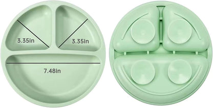 PandaEar Conjunto de alimentação para bebês em silicone | 2 pratos divididos com ventosas e 2 copinhos com 2 colheres e 2 garfos | Utensílios para alimentação independente para bebês (azul claro/verde claro)