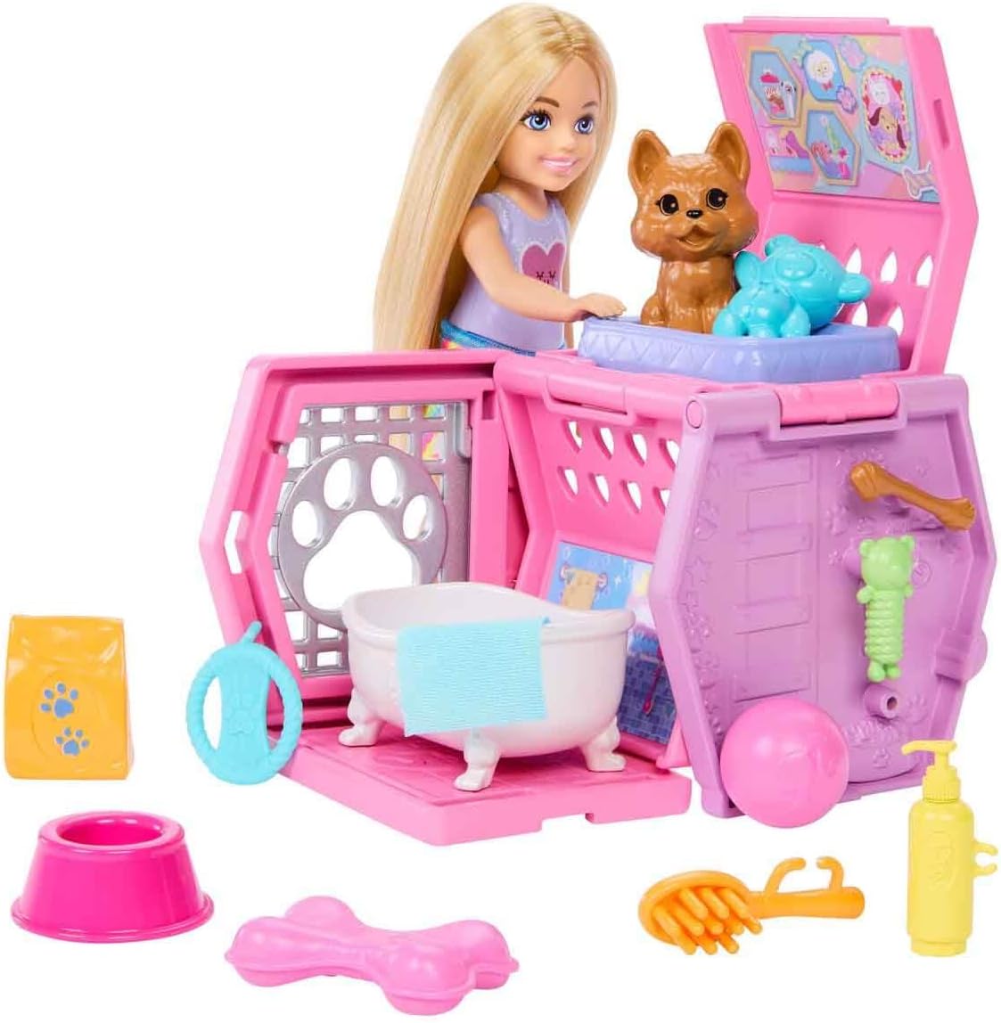 Barbie Conjunto de Brinquedo Chelsea® com Bolsa para Cachorrinho, Boneca Pequena Loira e Acessórios, Bolsa para Cachorrinho com Peças Temáticas de Cachorrinho, JDF89