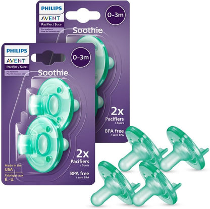 Philips Avent Chupetas ortodônticas para bebês Philips Soothie de 0 a 3 meses, chupetas 100% silicone, peça única, sem BPA, verde, pacote com 4, modelo SCF190/41