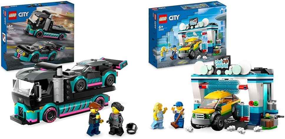 LEGO Conjunto de construção de brinquedo, veículo e transportador para carro de corrida urbano e caminhão transportador de carro para meninos e meninas de 6 anos ou mais com rampa de carregamento ajustável, minifiguras de piloto e motorista, presente