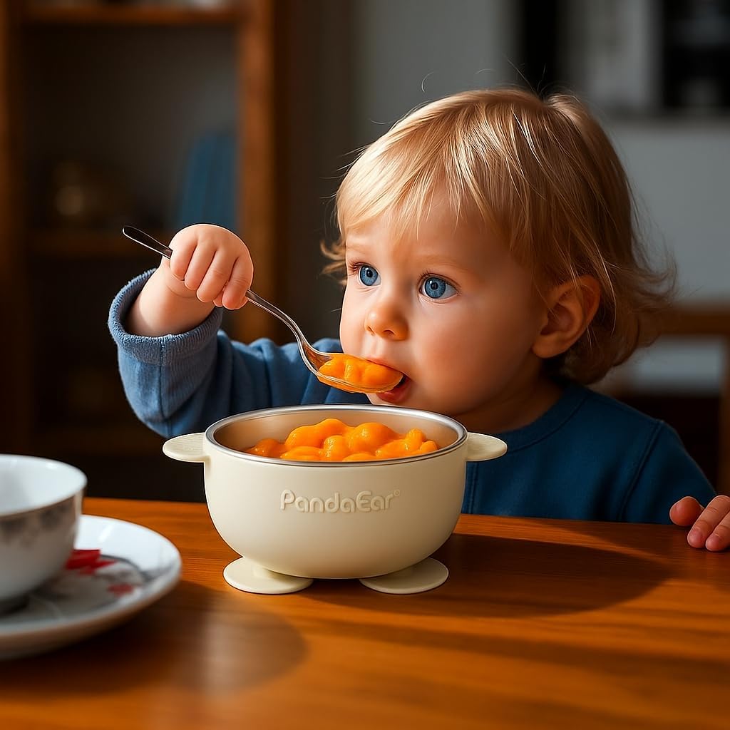 PandaEar Conjunto de 3 Tigelas de Silicone com Ventosa para Bebê, em Aço Inoxidável, com 3 Colheres, que Mantêm a Alimentação Firme, Ideais para Bebês e Crianças em Fase de Introdução Alimentar, Livres de BPA - Cor: Linho...