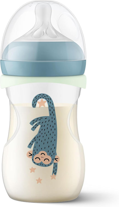 Philips Kit Noturno Avent Natural Response – 3 mamadeiras de 260 ml com bico de fluxo médio (fluxo 3), anel que brilha no escuro, 2 chupetas noturnas ultramacias, estampas de bichinhos, SCD838/20