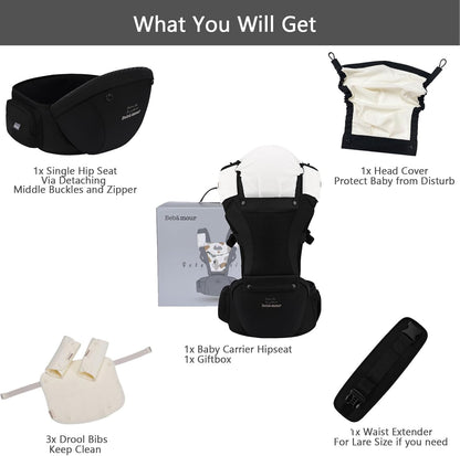 Bebamour Canguru para Bebê, para bebês de 0 a 36 meses, com assento de quadril, capuz para a cabeça, 3 protetores de dentição, extensor de cintura, preto.