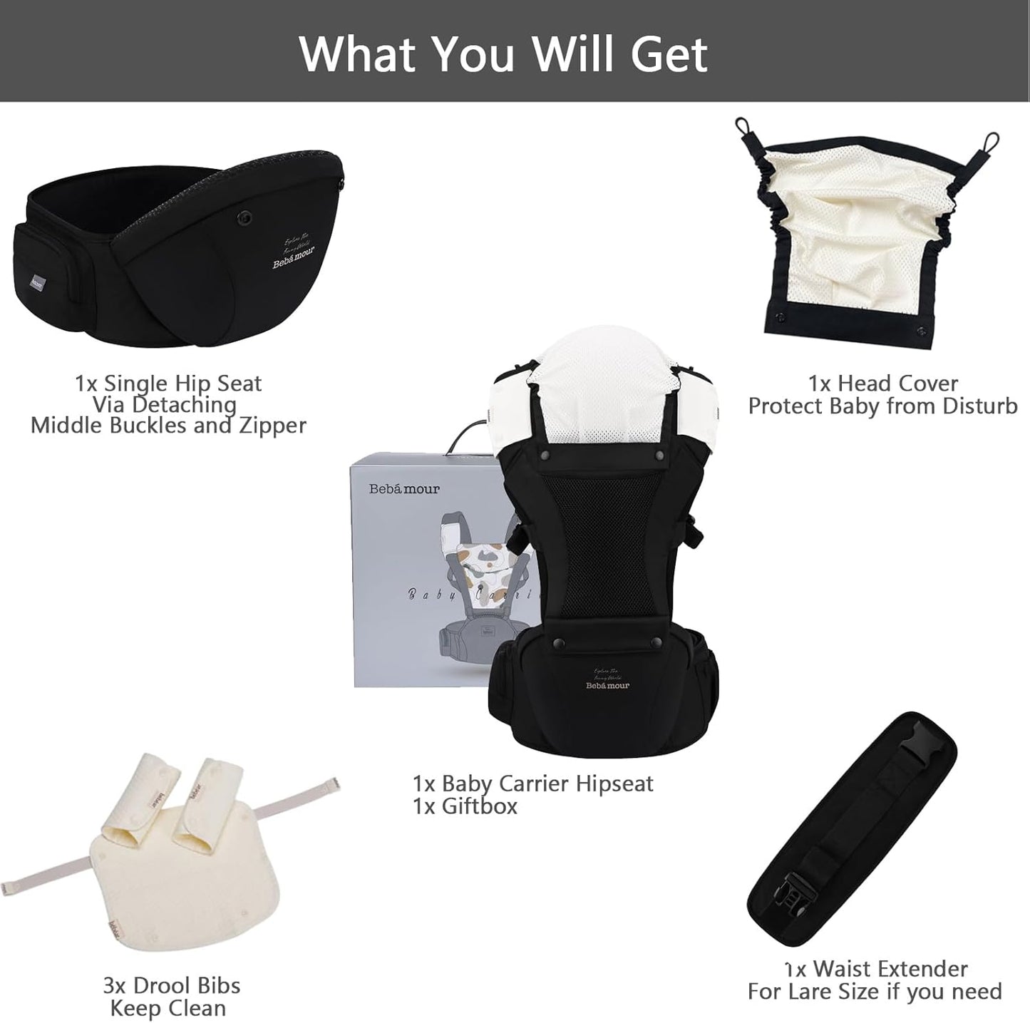 Bebear Canguru para Bebê, do Recém-Nascido à Criança, Bebamour Canguru com Assento de Quadril, Capuz para a Cabeça, 3 Protetores de Mordedor, Extensor de Cintura, Algodão, Azul