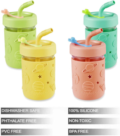 PandaEar Conjunto de 4 Copos de Vidro para Crianças e Bebês, Estilo Mason Jar, 250ml, com Capas de Silicone e Canudos, Copos Antivazamento para Smoothies e Lanches.