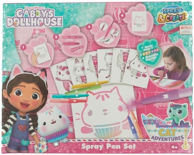 Conjunto de Canetas Aerográficas e Estênceis da Casa de Bonecas da Gabby - Kit de Desenho Artístico com Caneta de Feltro e Moldes - Conjunto de Arte Criativa para Colorir para Crianças a partir de 4 Anos - Diversão com o Tema da Gabby