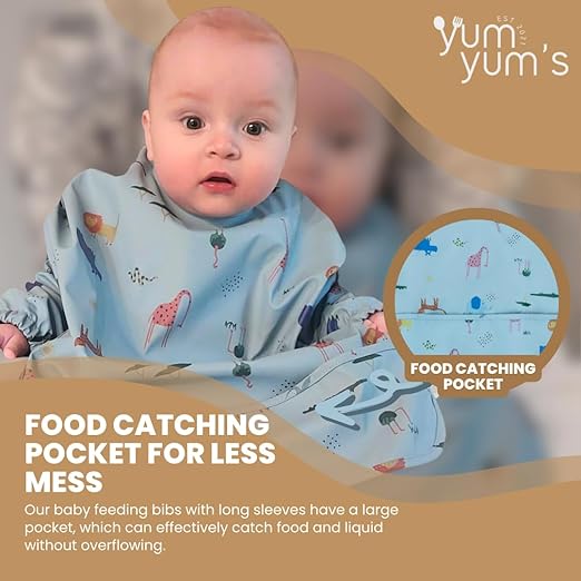 Yum Yum's Babador de silicone para desmame da Baby - Impermeável, fácil de limpar e confortável - Babador de manga comprida para bebês de 6 a 12 meses - Avental multifuncional para alimentação sem sujeira.