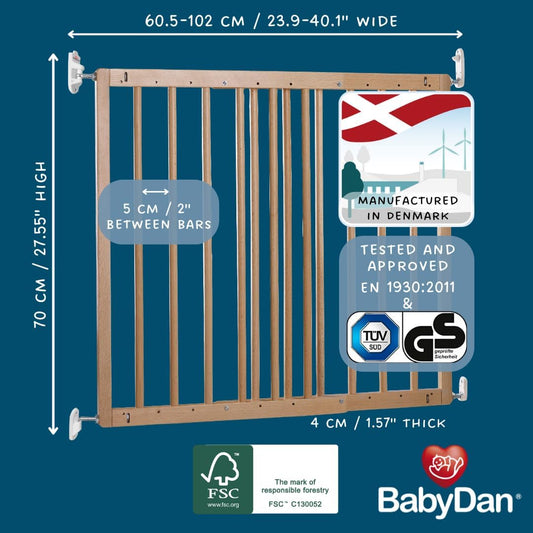 BabyDan MultiDan, Cubre aberturas entre 60,5-102 cm/23,9-40,1 ​​pulgadas, Puerta de escalera extensible/Puerta para bebés/Puerta de seguridad, Madera, Hecho en Dinamarca - (Puerta para mascotas/Puerta para perros)