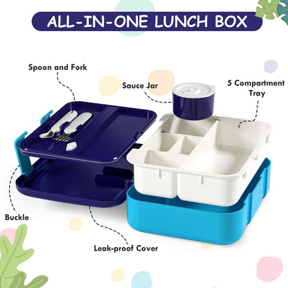 Lehoo Castle Lancheira infantil Bento, lancheira com 5 compartimentos, recipientes de almoço de 1,25L com pote de molho, colher e garfo para meninos e meninas, escola, à prova de vazamentos, sem BPA (dinossauro)