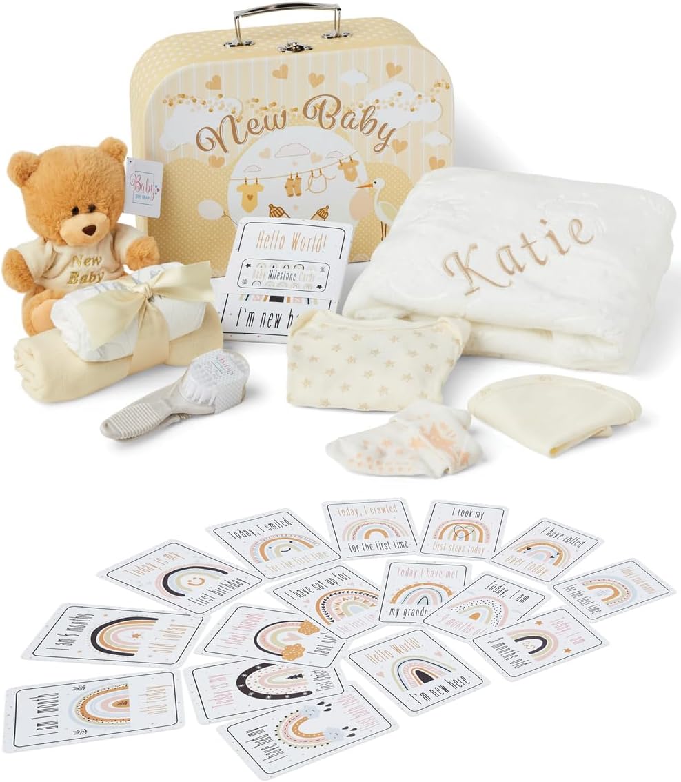 Presentes personalizados para bebês - Caixa de lembranças unissex inclui itens essenciais para bebês recém-nascidos, ursinho de pelúcia, itens essenciais para recém-nascidos e presentes para bebês
