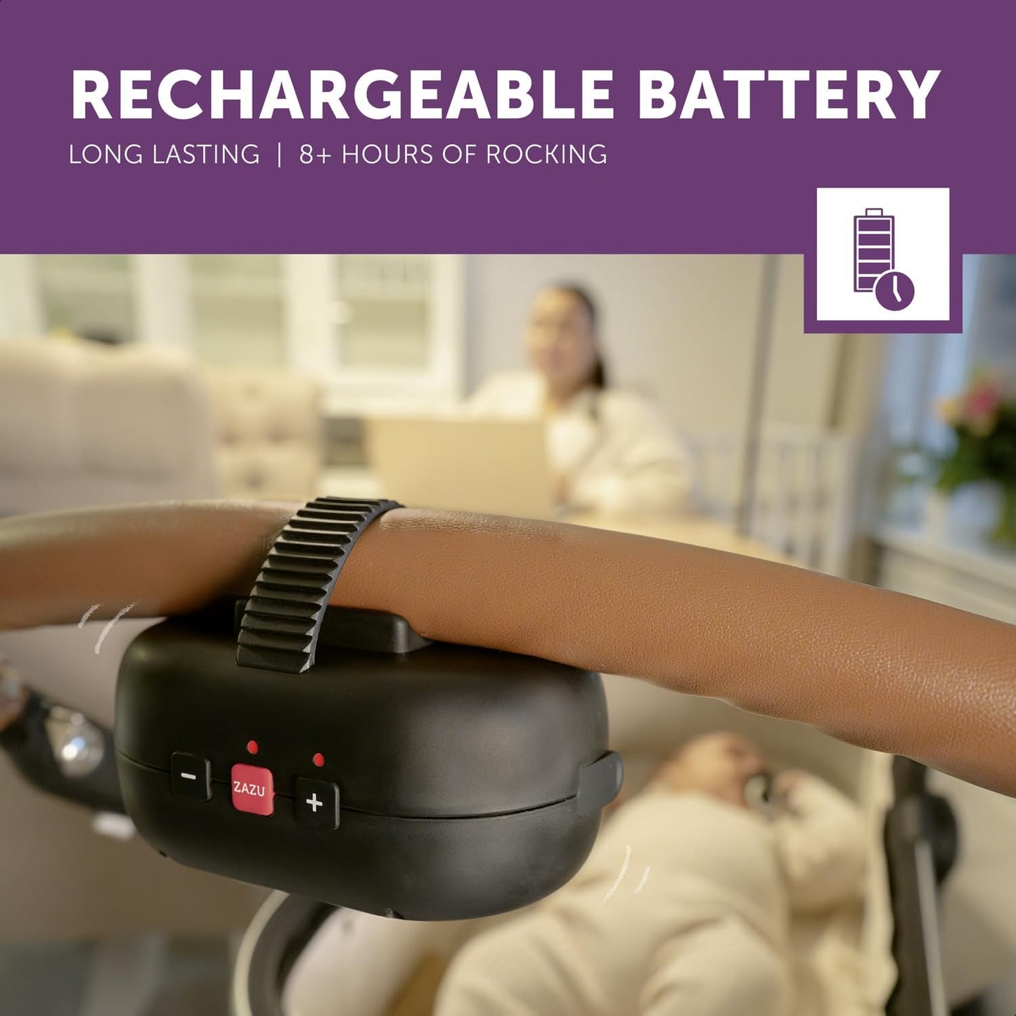 ZAZU Robby Baby Rocker - Cadeira de balanço automática para carrinho de bebê, força ajustável, temporizador de 40 minutos, sensor de choro, bateria de longa duração, resistente à água, ajuste universal