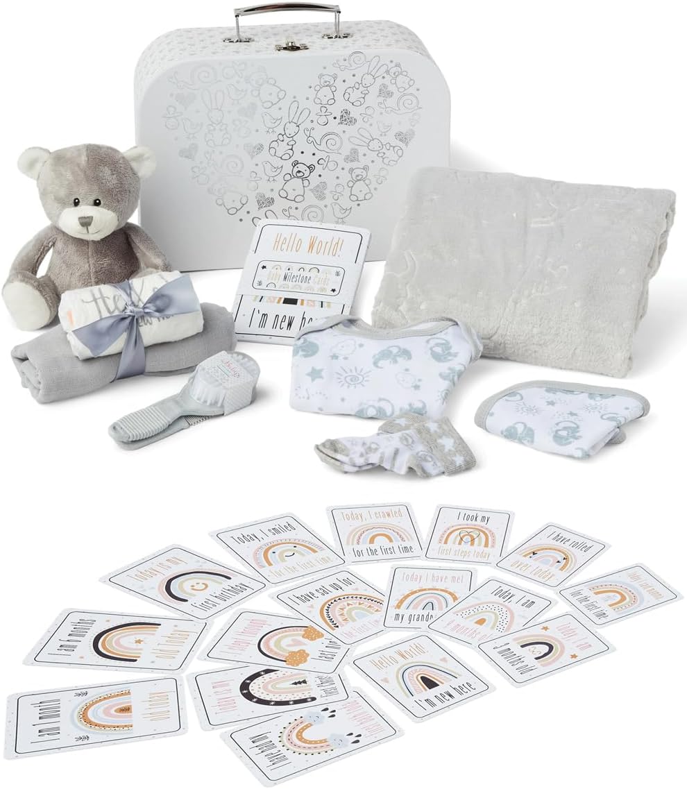 Presentes personalizados para bebês - Caixa de lembranças unissex inclui itens essenciais para bebês recém-nascidos, ursinho de pelúcia, itens essenciais para recém-nascidos e presentes para bebês