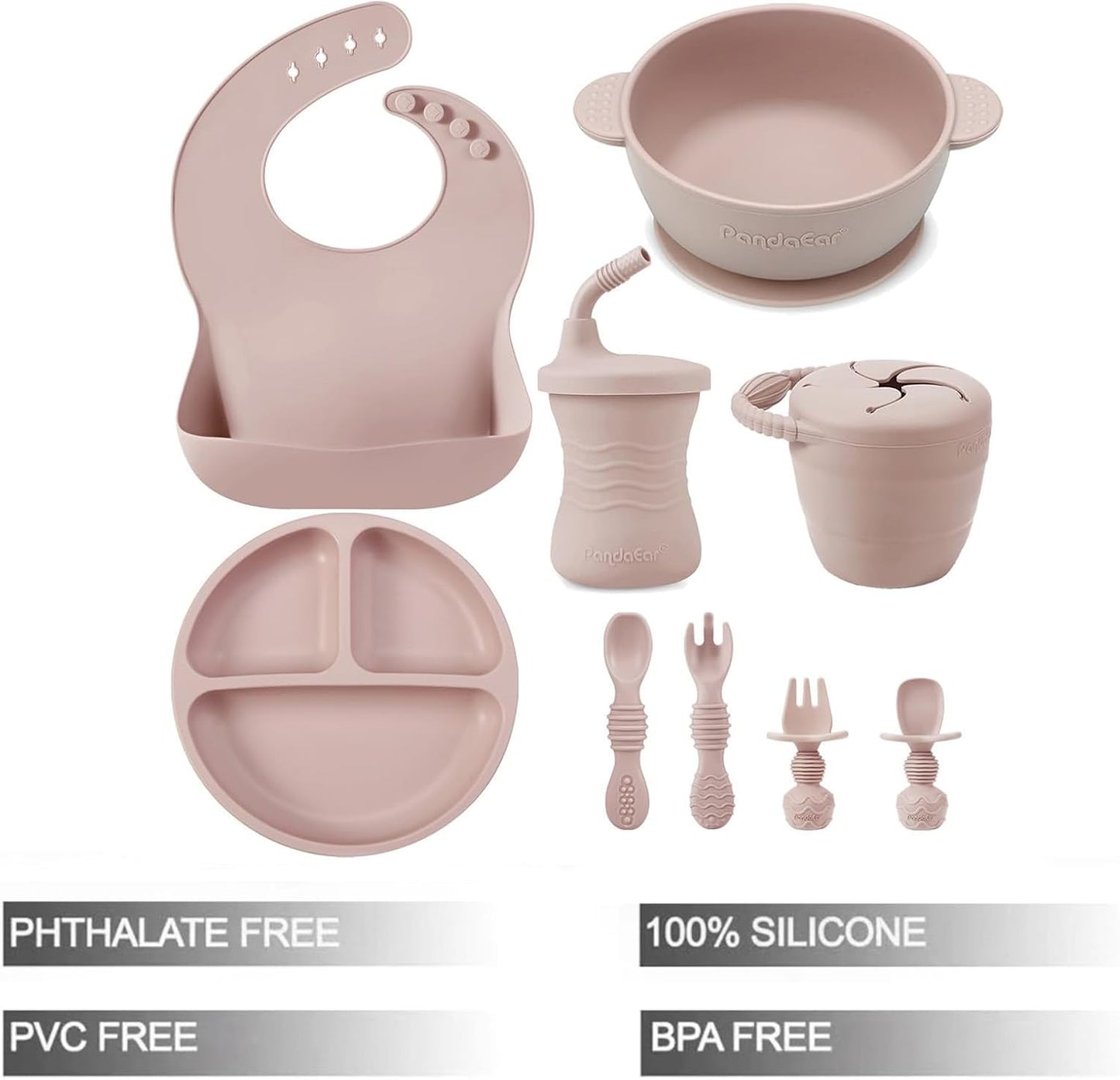 PandaEar Conjunto de alimentação para bebês em silicone | Conjunto de 9 peças para introdução alimentar guiada pelo bebê | Conjunto para alimentação do bebê | Prato dividido com ventosa, tigela, babadores,