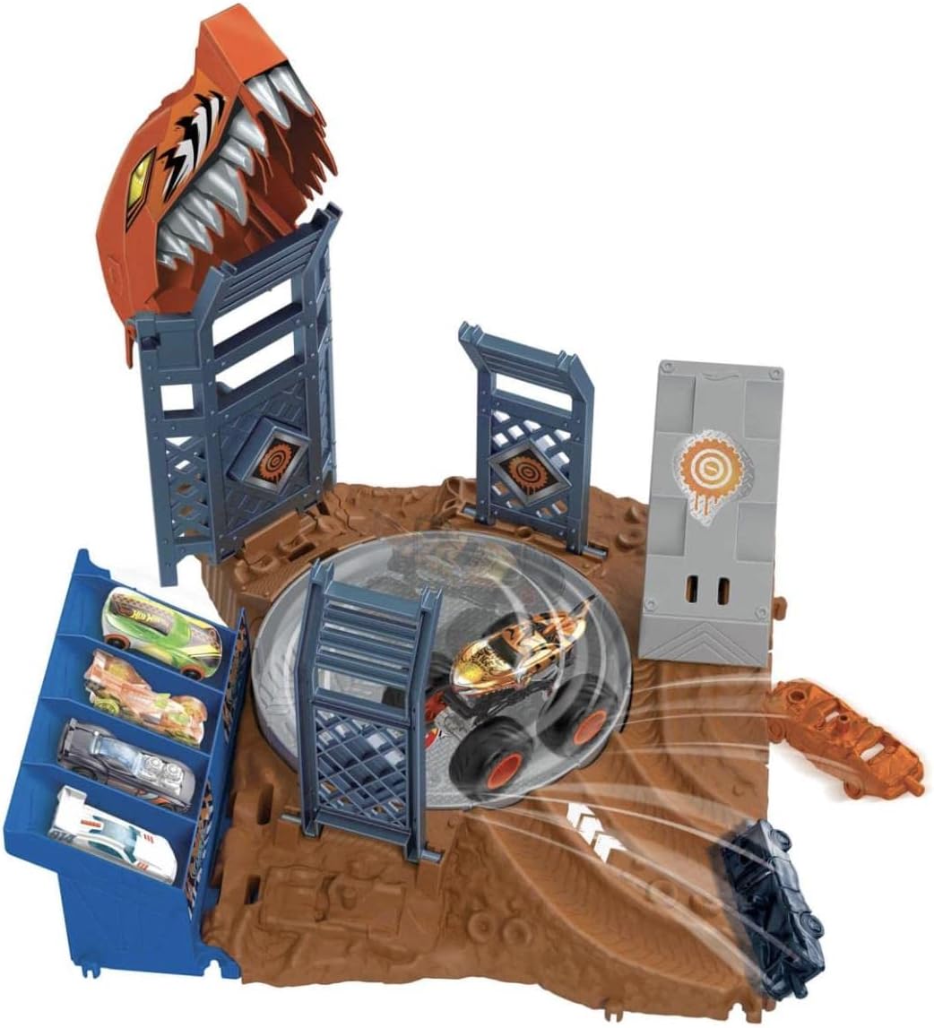 Hot Wheels Monster Trucks Arena Smashers Tiger Shark Spin-Out Challenge com um Tiger Shark em escala 1:64 e 2 carrinhos destrutíveis, HNB93