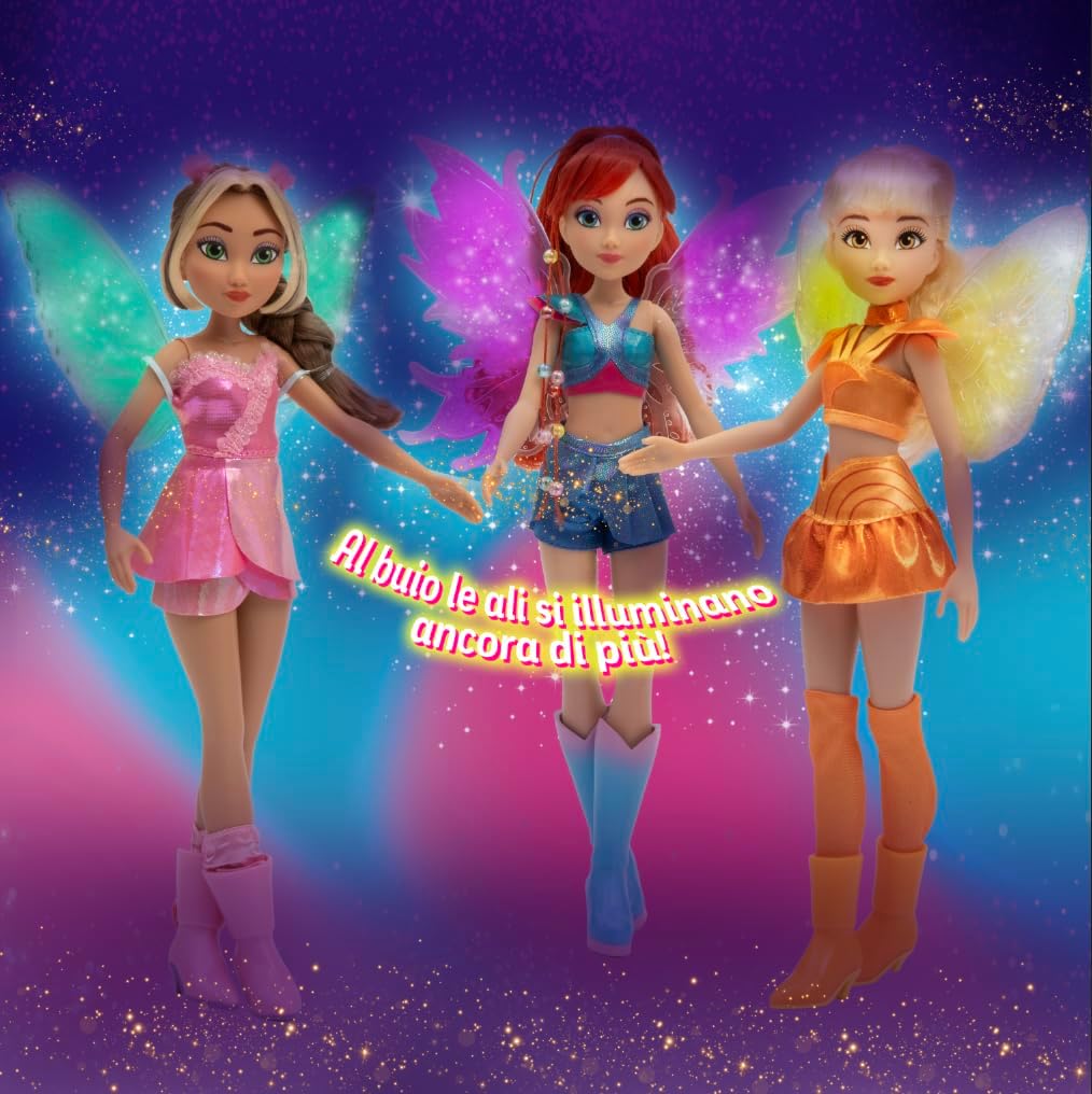 Winx Boneca Fairy com Asas Iluminadas – Flora com Roupa Brilhante e Asas Luminosas – Boneca Fashion de 27 cm com Membros Articulados – Asas Iluminadas Interativas para Brincadeiras
