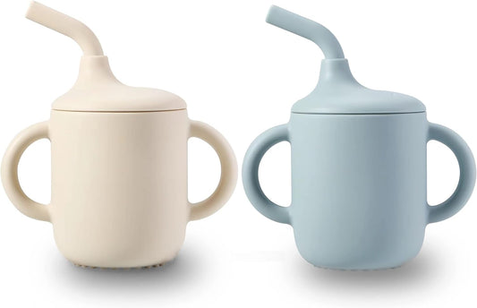 PandaEar 2 Pack Silicone Sippy Cups for Toddlers with Straw & Handles| Non Spill Baby Cups from 6 Months| Weaning Cup Toddler Drinking Cup Baby First Cup (White Blue)