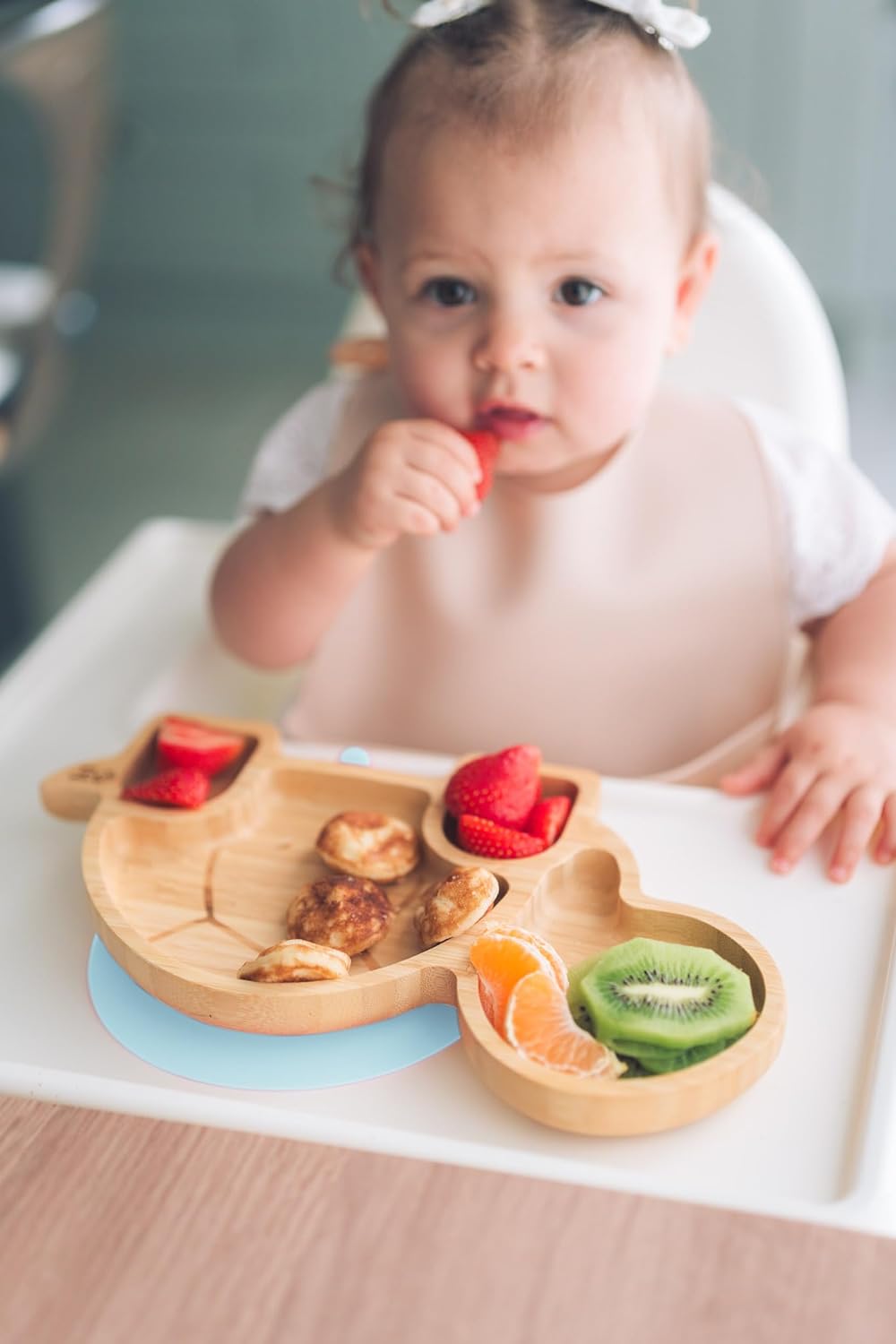 Juego de cuchara y plato de succión de bambú Moon and Moo Turtle para niños, niños pequeños y destete del bebé - No tóxico - Sin plástico - Permanece en su lugar - Plato de succión para bebé - Juego de destete para bebé (gris)