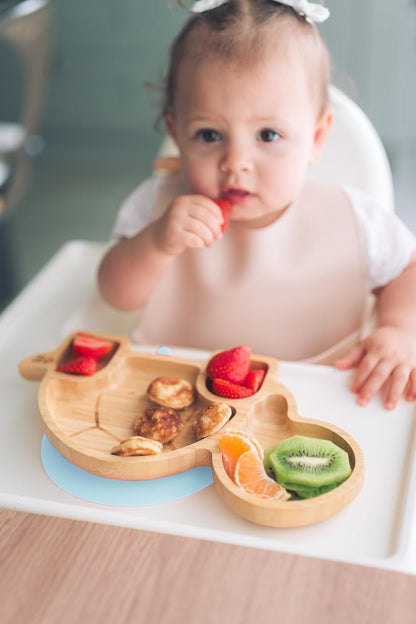 Juego de cuchara y plato de succión de bambú Moon and Moo Turtle para niños, niños pequeños y destete del bebé - No tóxico - Sin plástico - Permanece en su lugar - Plato de succión para bebé - Juego de destete para bebé (gris)