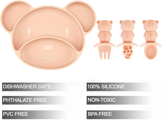 PandaEar Conjunto de prato, colher e garfo de silicone com ventosa, ideal para alimentação independente de crianças pequenas, livre de BPA, próprio para lava-louças e micro-ondas, formato de urso (rosa)