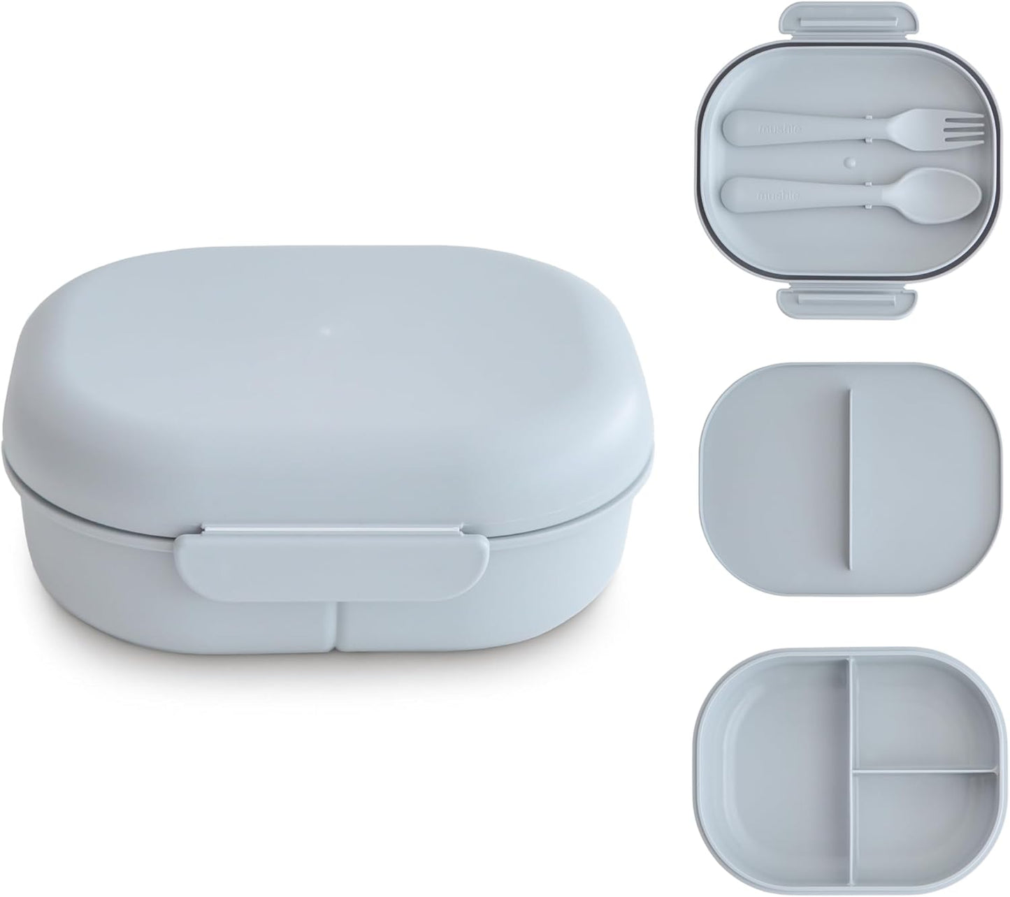Mushie Lancheira | Lancheira infantil para jardim de infância e escola | Divisórias e compartimentos com tampas com trava | Inclui 1 conjunto de talheres (garfo e colher) | (Nuvem)
