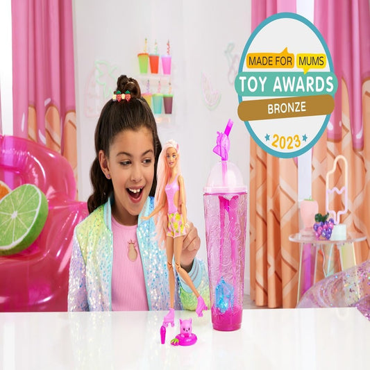 Muñeca Barbie Pop Reveal Fruit Series, muñeca que cambia de color con cabello rosado, 8 sorpresas que incluyen limo y cachorro blando, aroma a limonada de fresa, juguetes para mayores de 3 años, una muñeca, HNW41