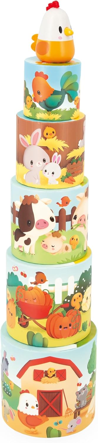 Janod - Minha Primeira Pirâmide - Animais de Fazenda - Brinquedo de Aprendizagem Precoce - 5 Cubos de Empilhamento + 1 Galinha de Madeira - Desenvolve Destreza e Imaginação - 12 Meses +,