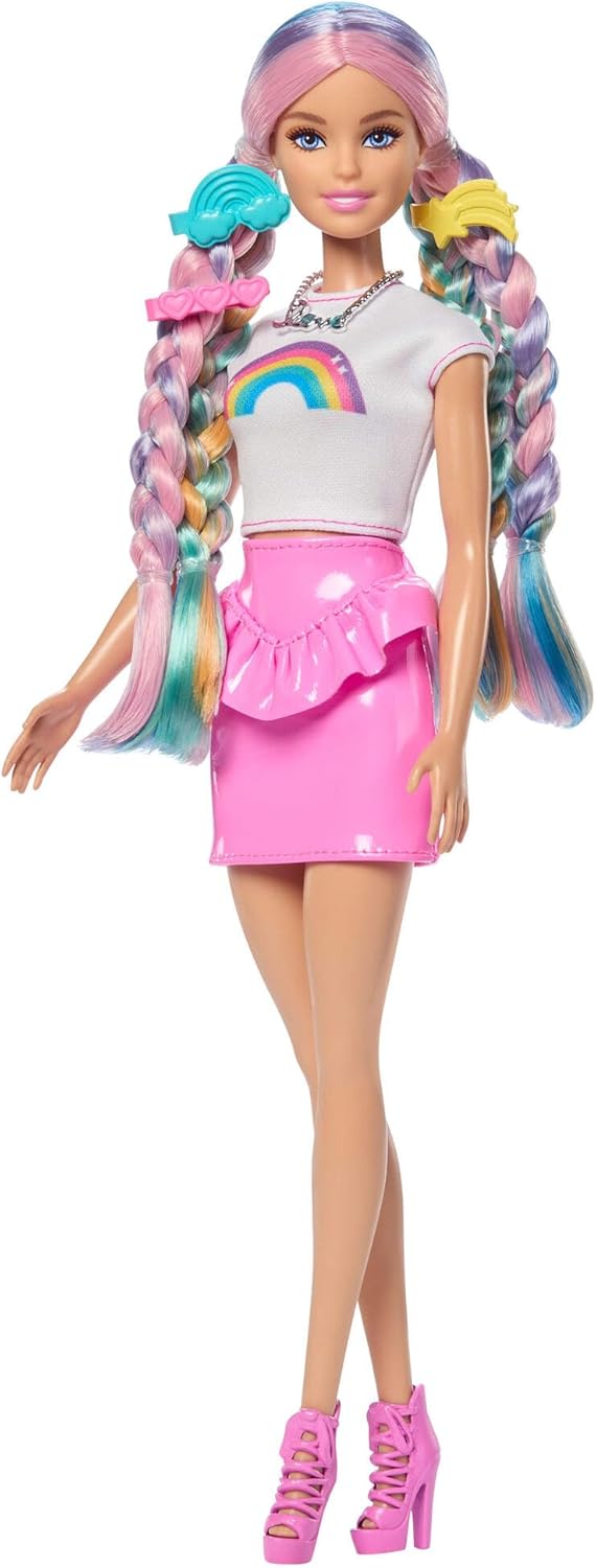 Barbie Boneca Cabelo Arco-Íris Brilhante, Cabelo Extralongo e Colorido com 12 Acessórios de Penteado como Tubo de Glitter, Escova, Presilhas, Secador de Cabelo e Mais, JJP07