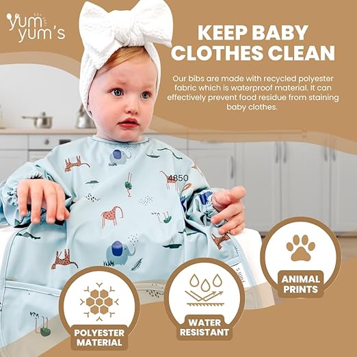 Yum Yum's Babador de silicone para desmame da Baby - Impermeável, fácil de limpar e confortável - Babador de manga comprida para bebês de 6 a 12 meses - Avental multifuncional para alimentação sem sujeira.