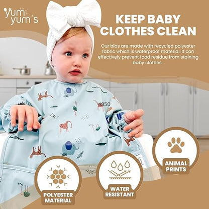 Yum Yum's Babador de silicone para desmame da Baby - Impermeável, fácil de limpar e confortável - Babador de manga comprida para bebês de 6 a 12 meses - Avental multifuncional para alimentação sem sujeira.