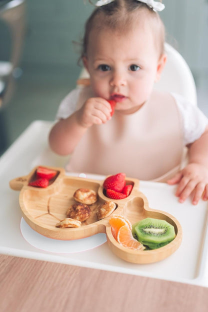 Juego de cuchara y plato de succión de bambú Moon and Moo Turtle para niños, niños pequeños y destete del bebé - No tóxico - Sin plástico - Permanece en su lugar - Plato de succión para bebé - Juego de destete para bebé (gris)