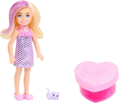 Barbie Festa Unboxed Chelsea Boneca, Série Festa Glamourosa com 6 Surpresas Incluindo Animal de Estimação e Mudança de Cor (Os Estilos Podem Variar), JFY04
