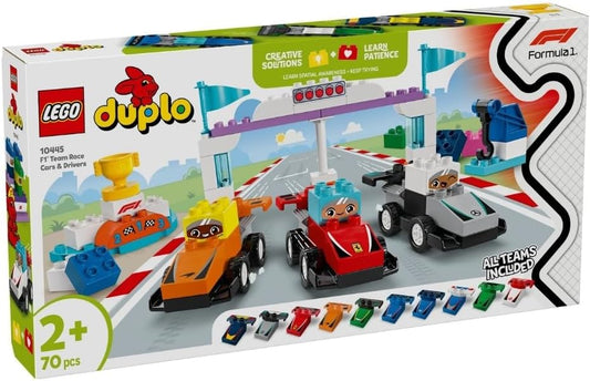 LEGO DUPLO Town F1 Team Race Cars & Drivers Building Toy para brincadeiras imaginativas, presente de aniversário de Fórmula 1 para crianças de 2 anos ou mais, meninos e meninas, ajuda a desenvolver habilidades motoras finas