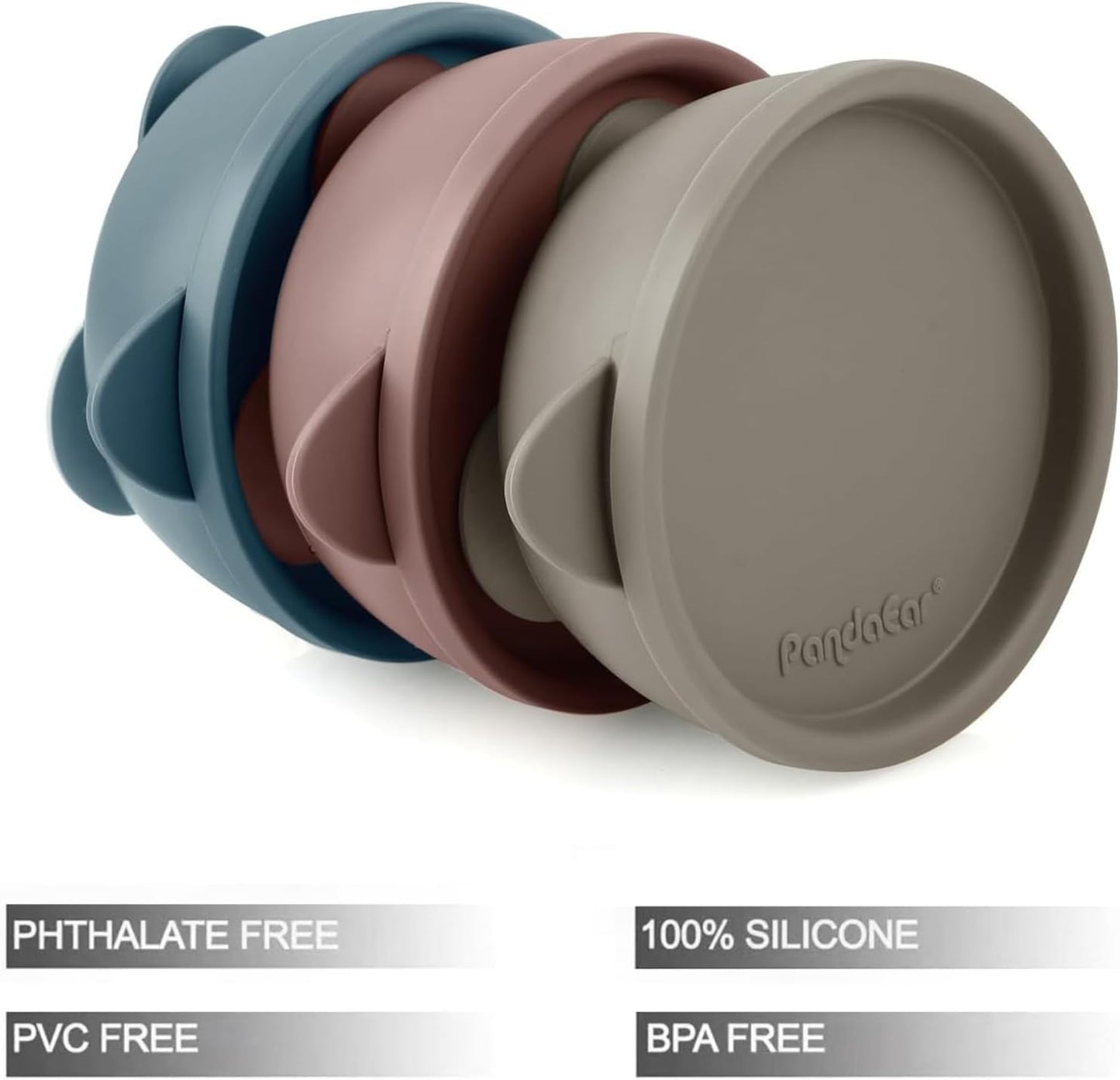 PandaEar Conjunto de 3 Tigelas de Silicone com Ventosa e Tampa, Antiderramamento, para Bebês e Crianças Pequenas na Primeira Fase da Alimentação Infantil, Azul/Marrom/Vermelho