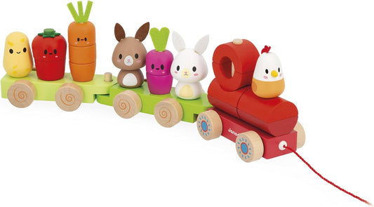 Janod - Trem de puxar de madeira - Tema fazenda - 3 vagões e 19 peças - Brinquedo de puxar - Madeira FSC e tinta à base de água - Habilidades motoras finas - A partir de 12 meses, J03314