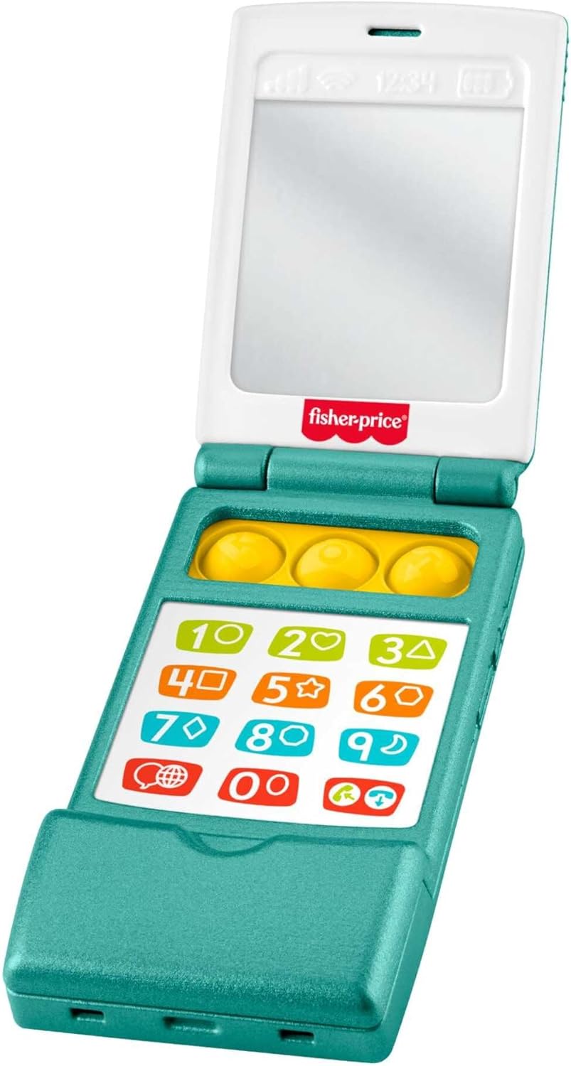 Fisher-Price Baby Toy Flip Phone Laugh & Learn Musical Learning Activity for Toddler Faming Play Infants Ages 6+ Months Version Multilanguage, JMM31