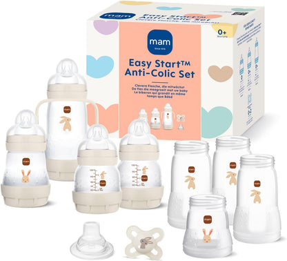 MAM Kit Inicial Anticólica Autoesterilizante Easy Start Unissex para Recém-Nascidos (0+ anos) com Mamadeira e Chupeta, incluindo Bicos Extra Pequenos para Leite Materno, Essenciais para Recém-Nascidos, Cor: Bege Creme Amêndoa