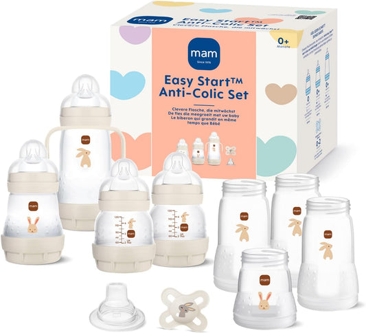 MAM Kit Inicial Anticólica Autoesterilizante Easy Start Unissex para Recém-Nascidos (0+ anos) com Mamadeira e Chupeta, incluindo Bicos Extra Pequenos para Leite Materno, Essenciais para Recém-Nascidos, Cor: Bege Creme Amêndoa