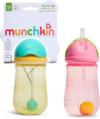 Munchkin Copo com Canudo Tip and Sip | Kit com 2 | 12m+ | 296 ml | Rosa/Amarelo