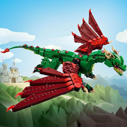 LEGO Brinquedo de dragão medieval Creator 3 em 1 - transforma-se em uma serpente marinha ou em uma figura de animal Fênix - Conjunto de construção de criaturas míticas para crianças, meninos e meninas a partir de 9 anos