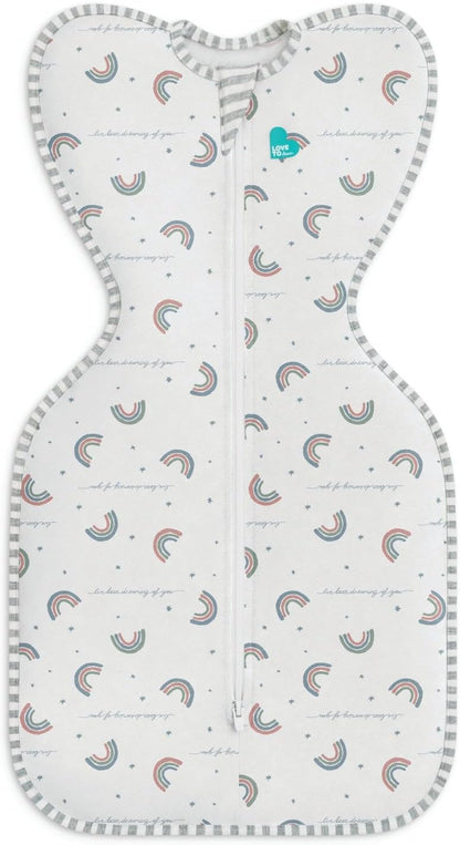 Love To Dream™ Swaddle UP™, Recém-nascido 2,2–3,8 kg – Sonho Arco-Íris | Ajuste perfeito, promove uma rotina de sono saudável | 1,0 Tog Ideal para primavera e verão (20–24 °C) | Algodão lavável à máquina e zíper duplo