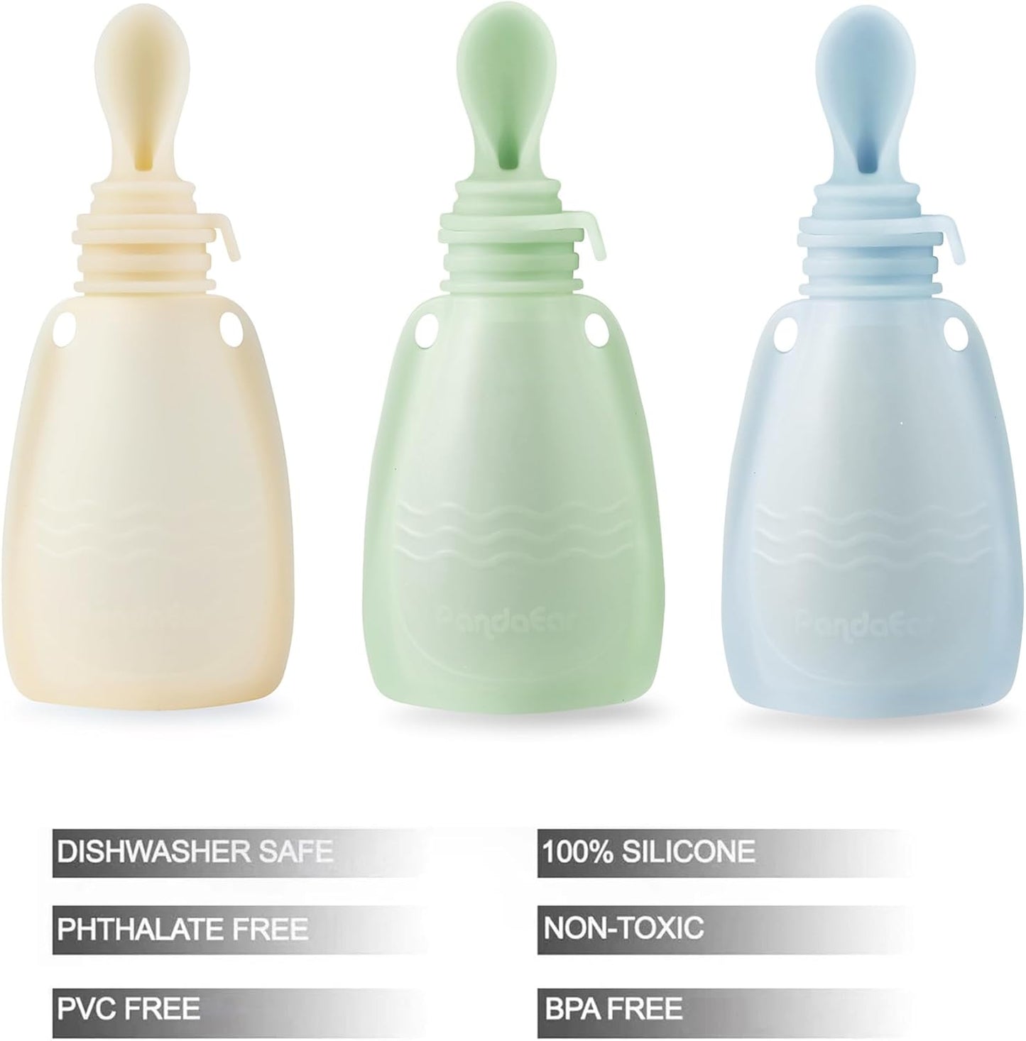 PandaEar 3 Pack Reusable Silicone Baby Food Pouches, Reusable Squeeze Pouches for Toddler Kids with 3 Silicone Puree Feeder Spoon, Silicone Refillable Baby Food Storage (Light Tan/Walnut/Grey)